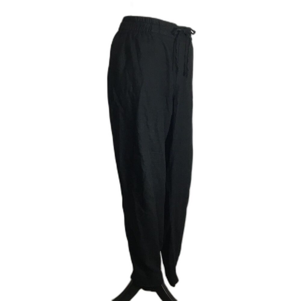 Linen blend black summer pants elastic waist drawstring pockets coastal L